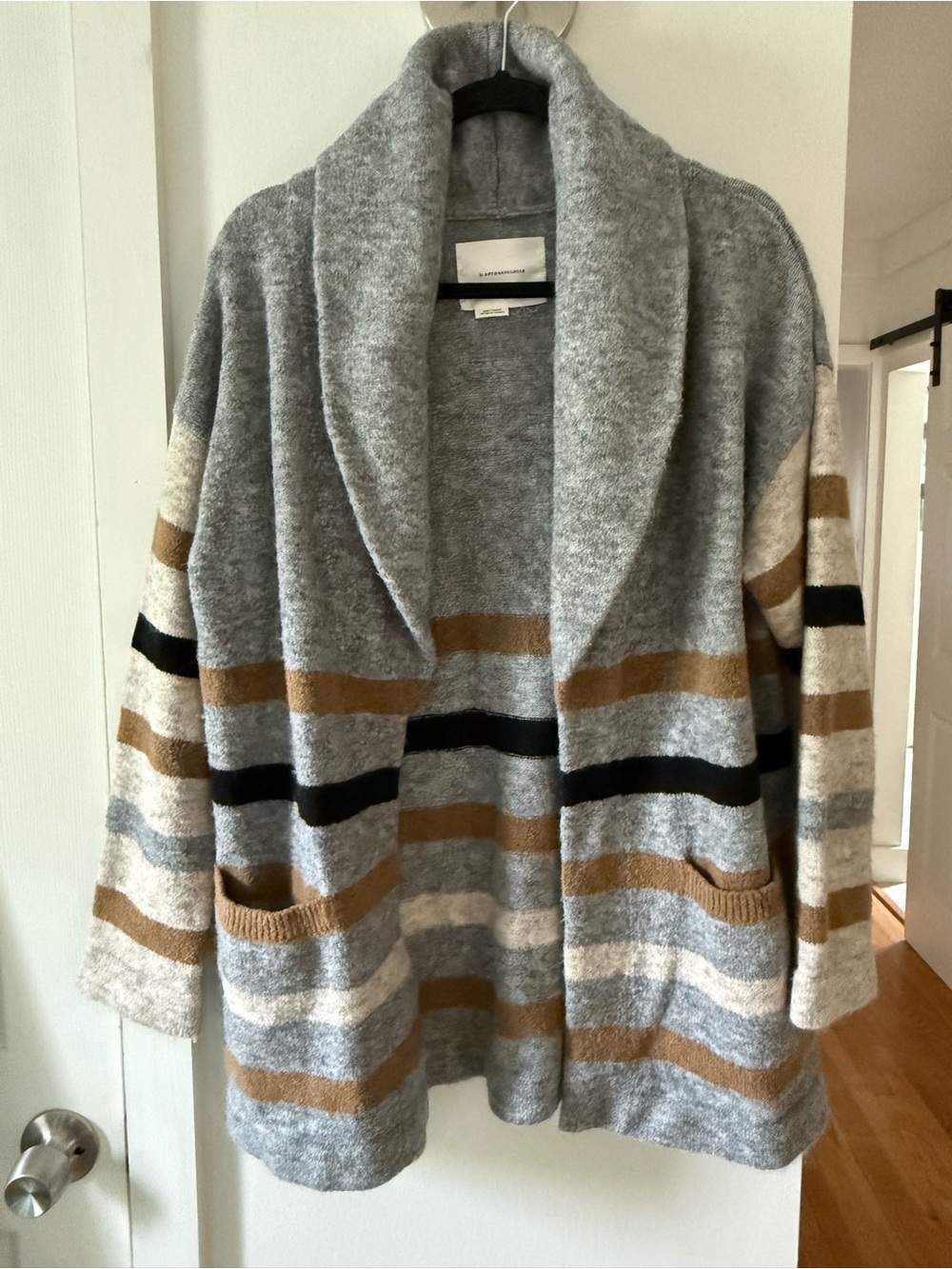Anthropologie Grey Cowl Neck Sweater with Tan and Black Stripes